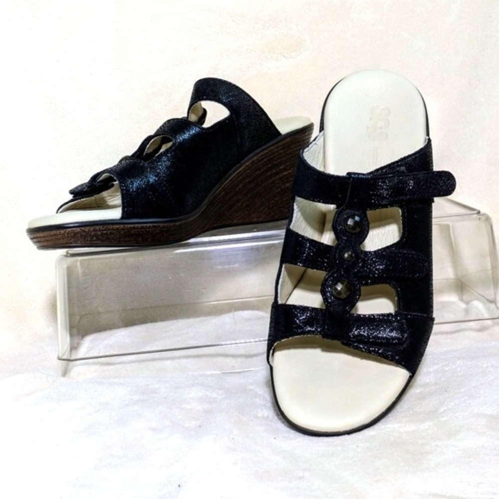 Women's SAS Ginger Wedge Slide/Sandal Black Sparkly, Leather, Made In USA Sz 8 M